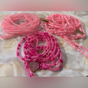 3pcs Pink Beaded Waist bead Set with Heart Cross Charm